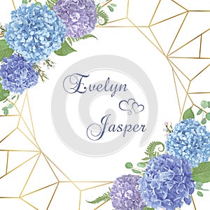 Wedding, watercolor flower card.Leaves, blooming branches eucalyptus, gaultheria, salal, chamaelaucium, seasonal fern.Blue, purple