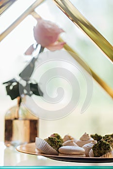 Wedding. Wedding details. Mr and Mrs. Delicious wedding reception candy bar table. Sweet holiday buffet with cupcakes