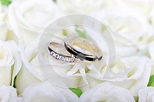 Wedding white roses engagement gold jewelry couple rings ring romance rose love bride bridal marriage ceremony married anniversary