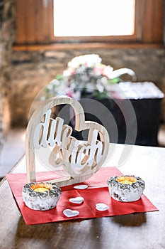 Wedding wood sign LOVE Heart, Text in German YOU and Me for Background photo with candles