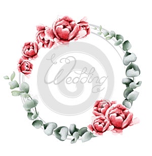 Wedding wreath roses watercolor Vector. Beautiful flowers card with green leaves. Summer botany decors