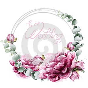 Wedding wreath roses watercolor Vector. Beautiful flowers card with green leaves. Summer botany decors