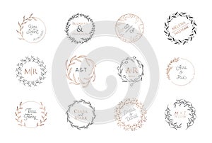 Wedding wreaths monogram, laurels logos vector collection. Modern frame, minimalistic floral templates