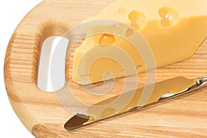 Wedge of cheese and knife on a cheese board