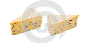 Piece of Blue Cheese on White Background Close Up photo