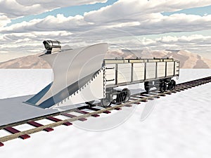 Wedge snow plow rail car in a winter landscape