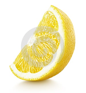 Wedge of yellow lemon citrus fruit isolated on white