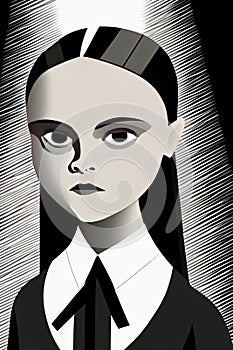 Wednesday Addams, Halloween gothic vampire girl. Morbid child abstract cartoon.