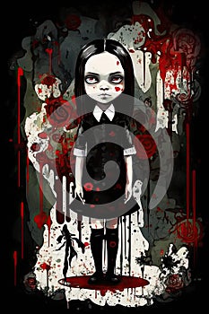 Wednesday Addams, Halloween gothic vampire girl. Morbid child abstract cartoon.