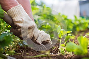 Weeding beds with agricultura plants growing in the garden. Weed control in the garden. Cultivated land close-up photo