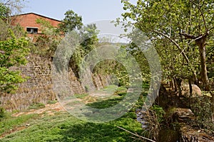 Weedy riverway in deserted boiler factory