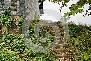 Weedy stone stairway outside abandoned brick building