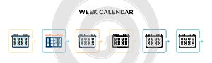 Week calendar vector icon in 6 different modern styles. Black, two colored week calendar icons designed in filled, outline, line