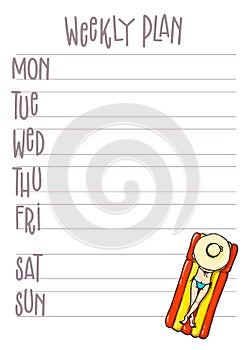 Week plan printable page. Vector organizer template with cartoon illustration. Weekly planner