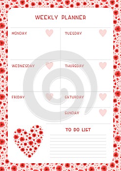 Week timetable and habit tracker red flowers and hearts flat vector template.