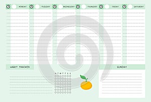 Week timetable and habit tracker with tangerine flat vector template.