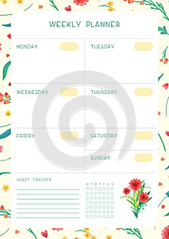 Week timetable and habit tracker wild flowers flat vector template