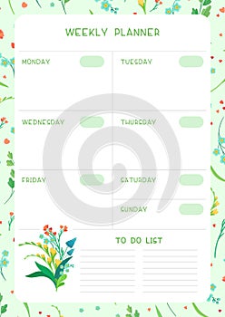 Week timetable and habit tracker wild flowers flat vector template.