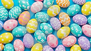 Vibrant Pastel Easter Eggs Background on Blue