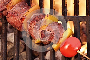 Weekend BBQ Meat Beef Kebab Or Kabob On Flaming Grill