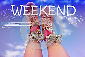 Weekend coming soon. Illustration of progress bar and woman with beautiful flowers in socks against blue sky, closeup