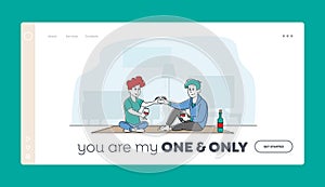 Weekend Evening, Love, Flirting Sparetime Landing Page Template. Young Loving Couple Characters Spend Time at Home