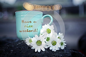 Weekend greeting with text message written on a cup of tea or coffee with white daisy flowers on sea rock and bokeh light.