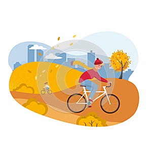 Weekend outdoors in park. Autumn scenery and activity. Cycling autumn. Young man in a knitted hat on a bicycle. Vector flat