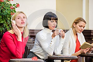 Weekend relax and leisure. Coffee cafe. Way to relax and recharge. Female leisure. Group pretty women terrace entertain