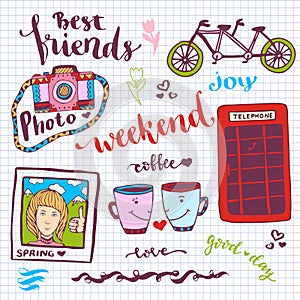 Weekend stickers romantic set of hand drawn elements with phone booth, photo card and tandem bike. For greeting card and decoratio