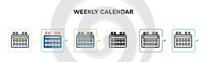 Weekly calendar vector icon in 6 different modern styles. Black, two colored weekly calendar icons designed in filled, outline,