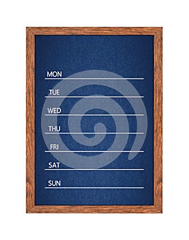 Weekly chalkboard calendar for home or office organization.