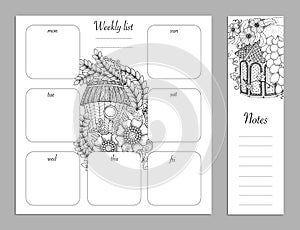 Weekly list design for notepad. Sketchbook, diary mockup. Coloring page.