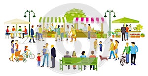 Weekly market in the residential district and life in the city, illustration,