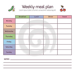 Weekly meal plan, mealtime vector diary