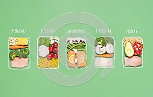 Weekly meal plan. Meal prep concept. Raw food ingredients in boxes photo