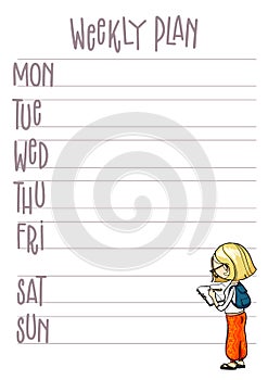 Weekly plan. Planner with cute cartoon character. Vector printable week organizer template