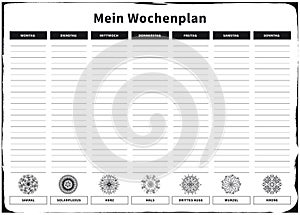 Weekly Planner with 7 Days and corresponding Chakras in Black and White - German Language