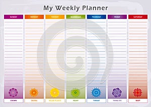 Weekly Planner with 7 Days and corresponding Chakras in Rainbow Colors