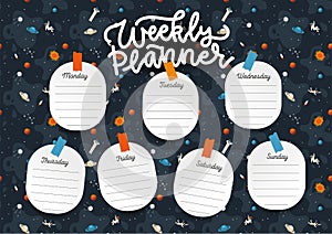 Weekly planner A4 sheet template. School timetable with galaxy universe. School schedule and time table frames with