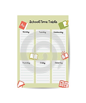 Weekly planner, back to school timetable template with school supplies, planets, books and doodle. Kids schedule design template.