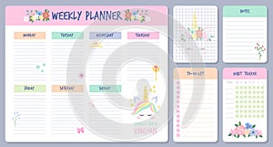 Weekly planner. Calendar days organizers with cute unicorn animal for schedule list. Agenda, reminder and checklist