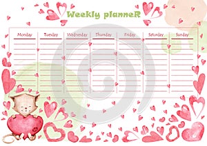 Weekly planner with a cat and pink hearts in a watercolor style. Suitable for diaries, notebooks, posters
