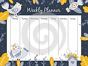 Weekly planner with cute birds. Vector