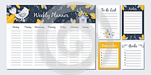 Weekly planner with cute birds. Vector