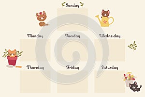 Weekly planner with cute cartoon kittens. Weekly calendar. Kids friendly stationery.