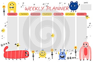 Weekly planner. Cute monsters cartoon notebook sheet template, poster for kids, mutants or aliens spooky character childish