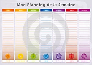 Weekly Planner with 7 Days and corresponding Chakras in Rainbow Colors - French Language