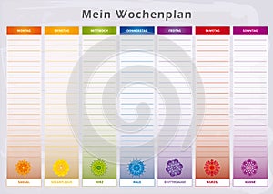 Weekly Planner with 7 Days and corresponding Chakras in Rainbow Colors - German Language photo