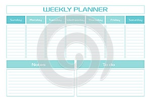 Weekly planner diary turquoise template. seven days personal schedule in a minimalist design. Week starts on sunday